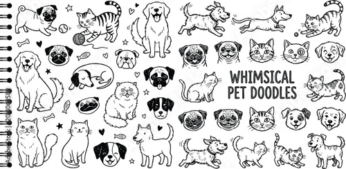 Hand drawn doodle set of cute dogs and cats in black and white sketch style