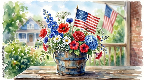 Vibrant flowers in a rustic bucket with american flags on a wooden table outside a house