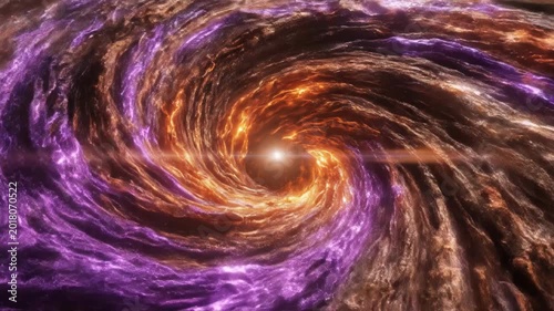 A mesmerizing abstract image depicts a swirling vortex of fiery orange and deep purple hues against a dark, atmospheric background, evoking a sense of cosmic energy and dynamic movement.
