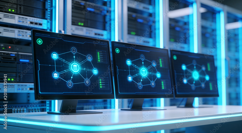 Fototapeta premium Enterprise observability and platform resilience workspace inside a pristine server room with three topology monitors, built for outage prevention, infrastructure diagnostics and service continuity