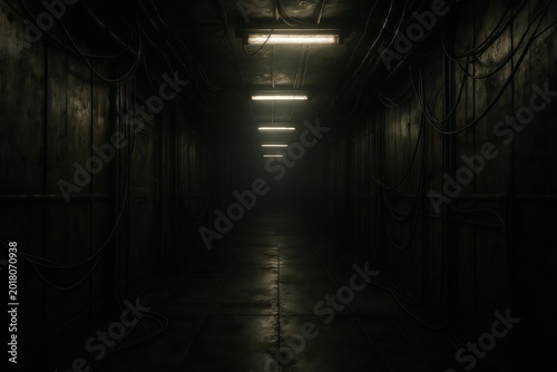 Gritty metal corridor with flickering overhead lights and wires