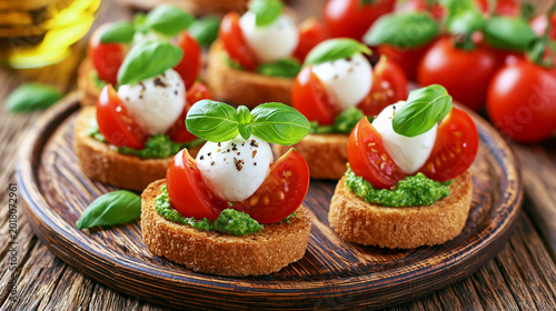 Fresh caprese bruschetta topped with cherry tomatoes mozzarella basil on wooden board