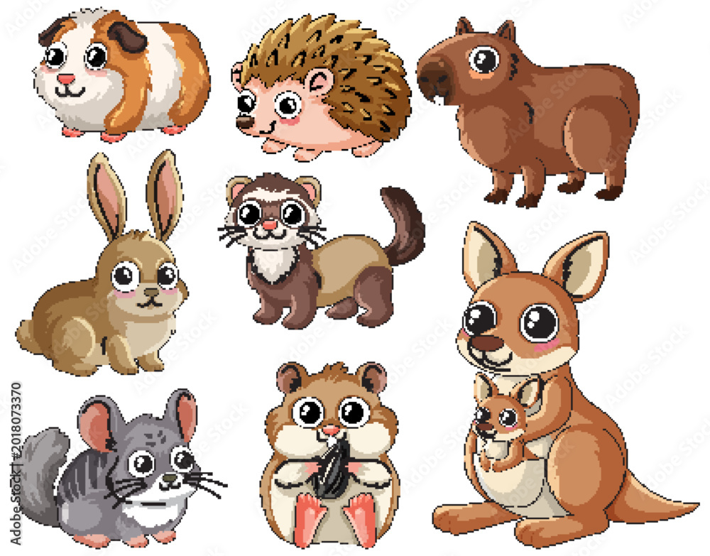 Fototapeta premium Collection of Cute Cartoon Animals Including Rabbit Hedgehog and Kangaroo