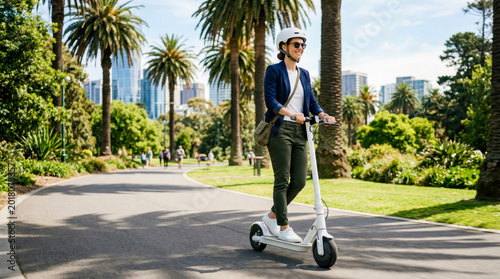 Young professional riding white electric kick scooter in green urban park