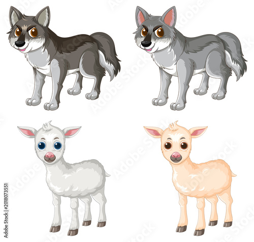 Two cartoon wolves and two lambs, full body, bright colors, clean vector illustration style