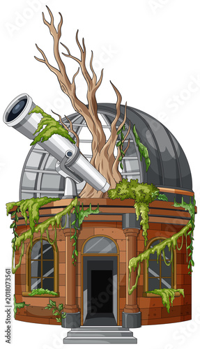 Detailed vector illustration of derelict observatory with large telescope, dead tree, and creeping vegetation