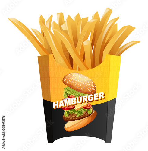 Vector illustration of golden potato fries inside a container with a hamburger graphic design