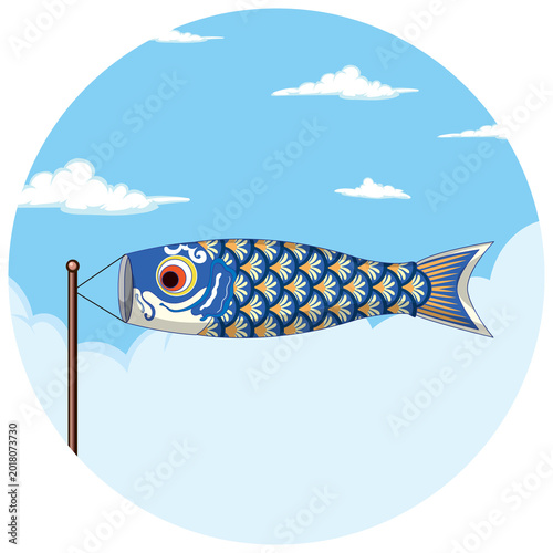 Traditional Japanese blue carp windsock on pole, vector illustration, flat style, bright sky background