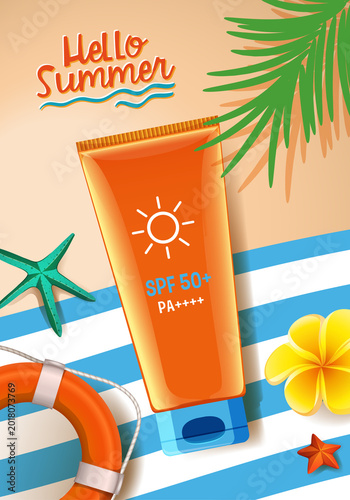 Top view vector illustration of orange sunscreen tube, starfish, and lifebuoy on sandy beach