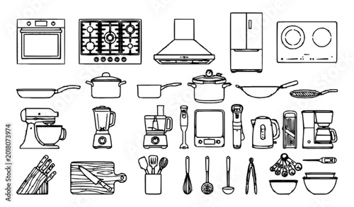 Bild auf Leinwand Cooking equipment illustration set with professional kitchen cookware and culina