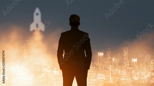 Businessman rocket city success ambition sunrise opportunity future silhouette