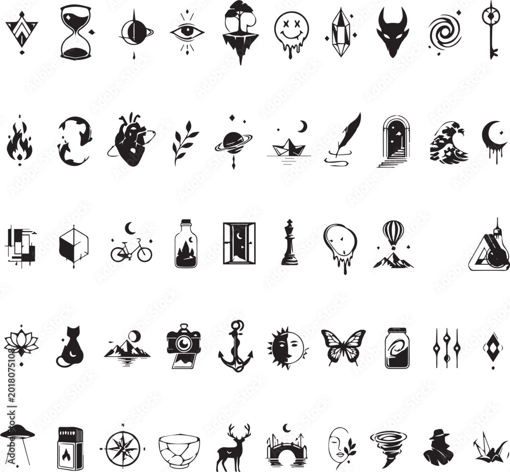 Obraz premium Minimalist black ink tattoo flash icons, set of 50 mystical and celestial vector symbols, hand drawn aesthetic line art illustrations for branding