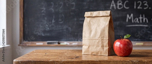 School lunch paper bag with apple on desk and chalkboard