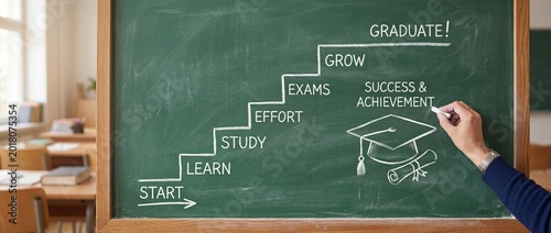 Steps to graduation concept drawn on chalkboard with cap