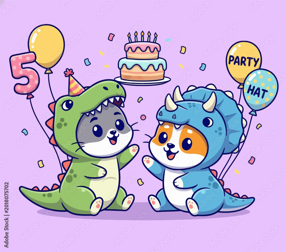 Naklejka premium Two adorable cartoon cats celebrating a 5th birthday party dressed in dinosaur costumes with balloons and cake.
