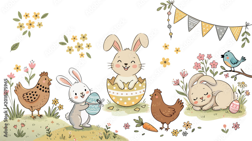 Naklejka premium Cute Easter Illustration Set with Bunnies Chickens Easter Eggs and Spring Flowers for Kids