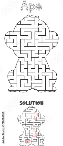 ape Shaped Labyrinth Puzzle brain game abstract wild animal maze with Solution for kids and adults. fun logic Education vector worksheet  illustration isolated on white background