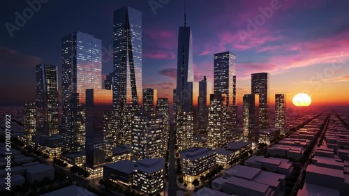 A futuristic cityscape showcases towering skyscrapers bathed in sunlight, creating a dynamic and modern urban landscape.