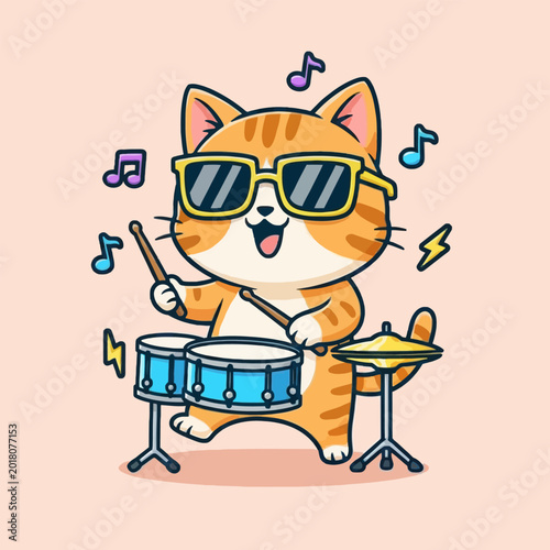 Cute Cartoon Cat Playing Drums with Sunglasses.
