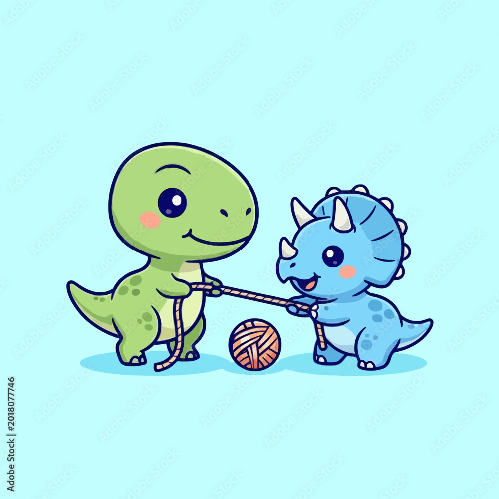 Obraz premium Cute Cartoon Dinosaurs Playing Tug of War with Yarn Ball.