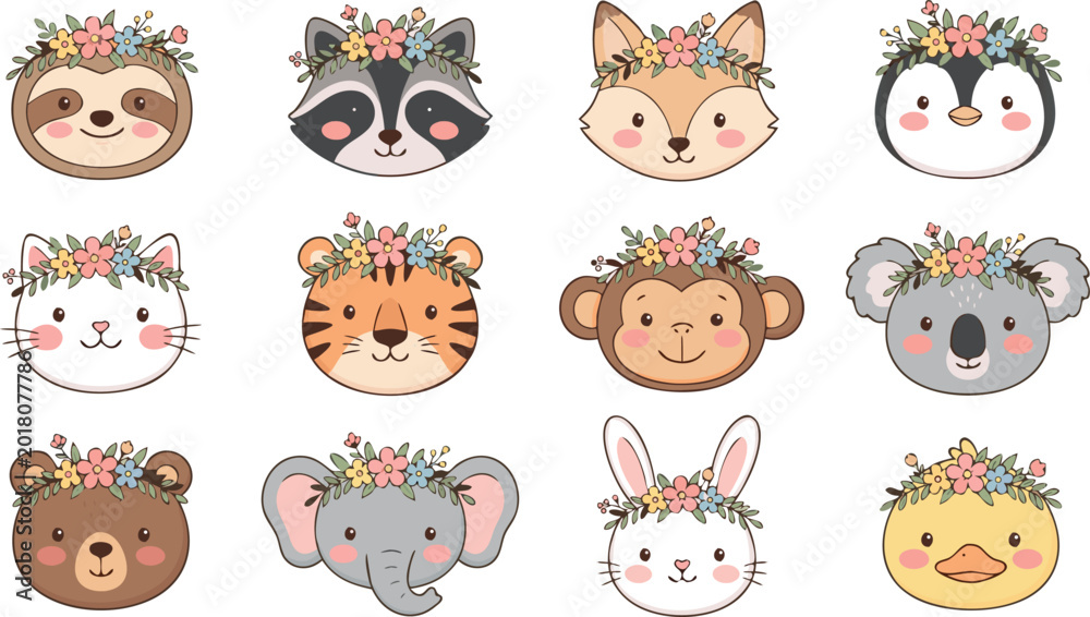 Naklejka premium Cute Kawaii Baby Animals with Floral Crowns Illustration Set for Nursery Decor and Kids Stickers