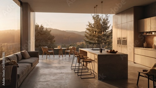 Luxury open-plan kitchen and living space, seamless indoor-outdoor connection with panoramic sunset mountain views
