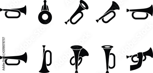 Canvas Print Eleven black and white trumpet and horn silhouette icons in diverse poses brass