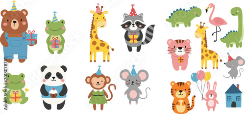 Canvas Print Cute birthday party animal vector collection featuring hand drawn bear, panda, g