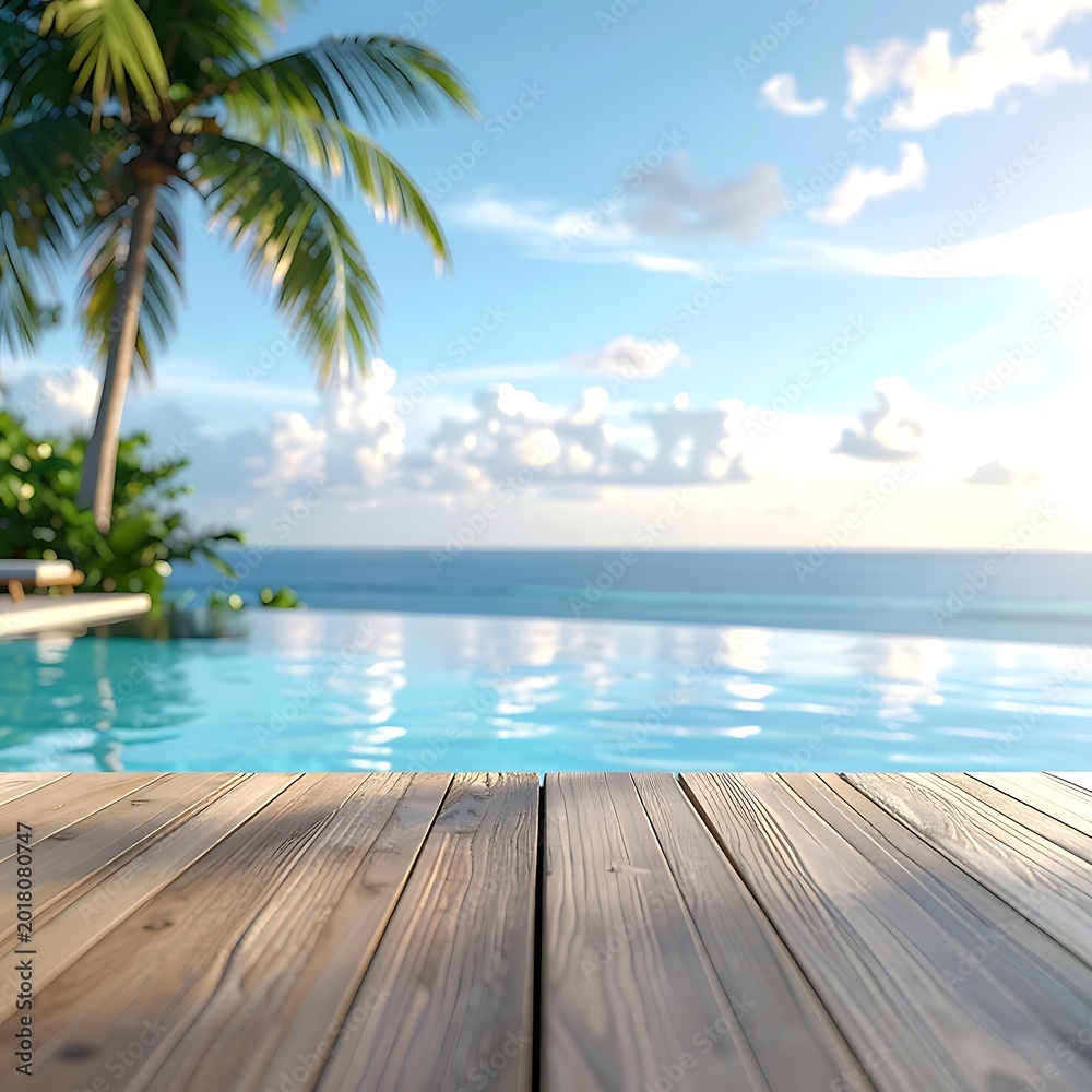 Fototapeta premium A serene tropical scene with a wooden deck overlooking a pool and ocean (3)