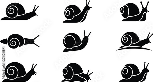 Foto Nine black silhouette icons of snails in various poses and movements on a white