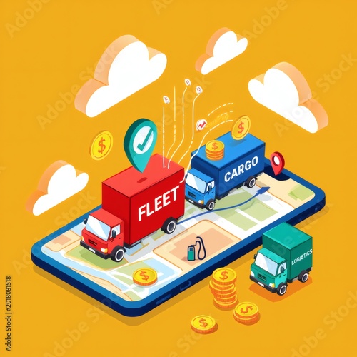 Cargo trucks on phone screen display logistics and transportation services with fleet management
