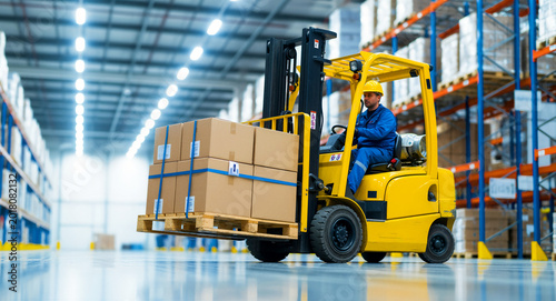 Worker driving a yellow forklift with a loaded pallet in a warehouse. Operator transporting boxes through an industrial facility. Logistics concept for supply chain and shipping marketing.