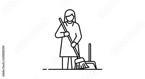 Cleaning, woman sweeping, janitor, housekeeping icon isolated on White Background