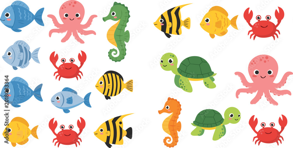 Fototapeta premium Cute cartoon ocean animals collection featuring fish crab octopus turtle and seahorse, colorful marine life vector illustration set for kids and aquarium design