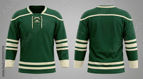 Green hockey jersey with white stripes.