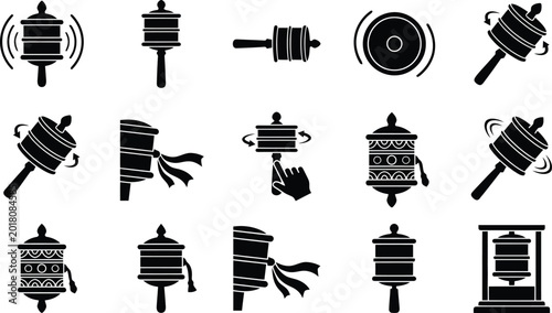 Tableau sur toile Tibetan Prayer Wheel Icons Set Black Silhouette Various Designs buddhism religio