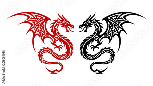 Foto Red and Black Tribal Dragon Silhouette Facing Each Other