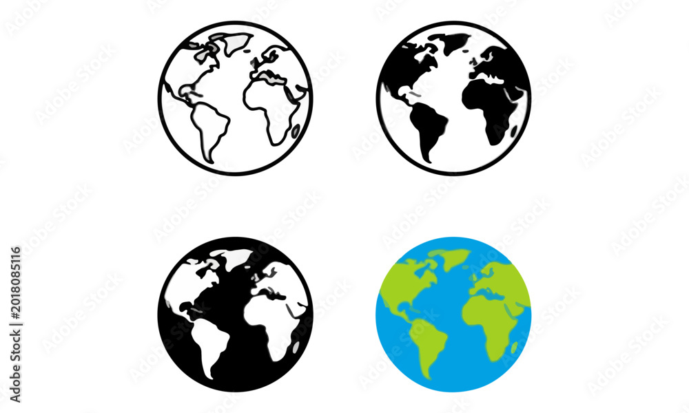 Obraz premium Earth Globe Icon Set with Four World Map Variants