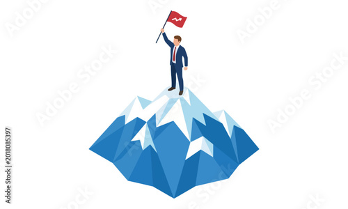 Businessman Holding Red Flag on Snowy Mountain Peak Isometric