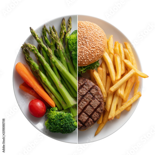  Healthy food alternatives. Split-screen photo of a healthy vegetables on the left side of the plate and fatty harmful hamburger on white or transparent background