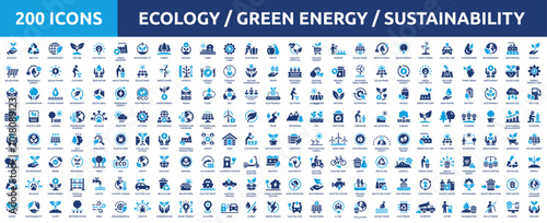 Huge set of 200 solid icons. Mega collection concept of ecology, green energy, sustainability, eco and environment. Vector illustration.