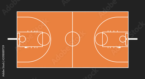 Fotografie Basketball Court Top View Illustration with Orange and White Markings on Black B