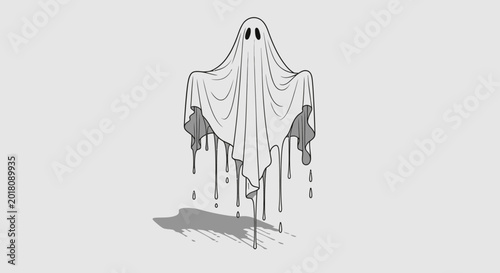 Bild auf Leinwand Eerie sheet ghost figure floating with black liquid dripping from its form, creating subtle shadows on a light grey background