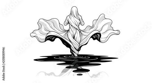 Fotografi Graceful sheet ghost figure with flowing fabric design, floating above a dark liquid on an isolated white background