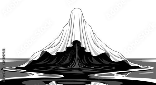 Foto Mysterious sheet ghost emerging from a dark, reflective liquid pool, with flowing fabric details on an isolated white background