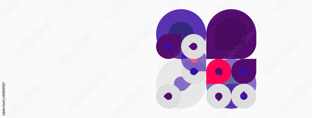 Fototapeta premium Abstract composition featuring overlapping purple, pink circles. Minimalist design with white background creates modern aesthetic. Simple shapes, vibrant colors.