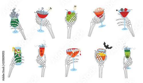 Halloween skeleton hands holding spooky cocktails set, flat cartoon bone hands with smoking potions, martini glasses, bloody drinks, vampire fangs cocktail. Horror party drinks vector illustration