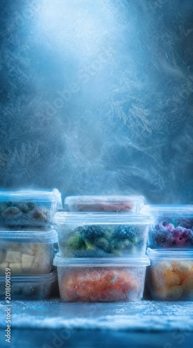 Stacked containers of frozen food items in a cold, frosty refrigerator