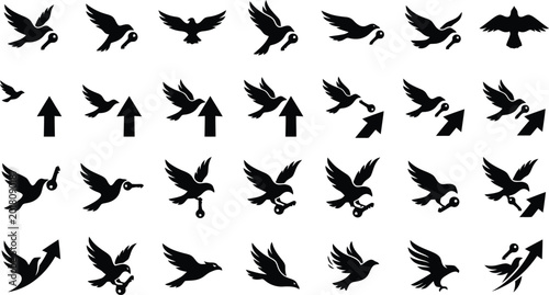 Quadro su tela Minimalist bird silhouettes with keys and arrows, 28 black vector icons of flyin
