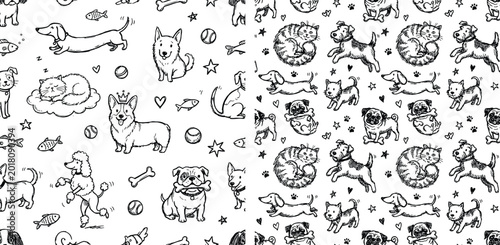 Funny cartoon doodle set featuring a seamless pattern of hand drawn cat and dog vector sketches with cute animal faces and zodiac symbols for wallpaper design